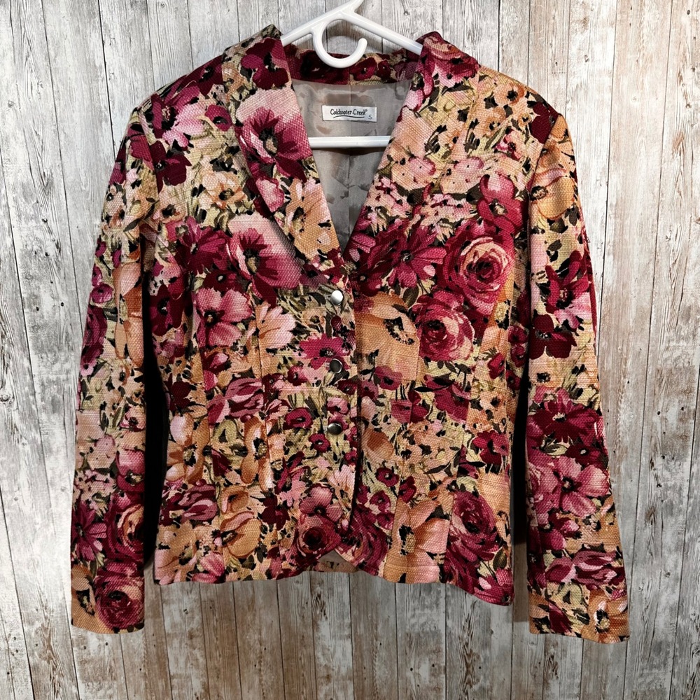 Coldwater Creek Floral Tweed Blazer Jacket Tan Orange Berry Floral Fall Colors M